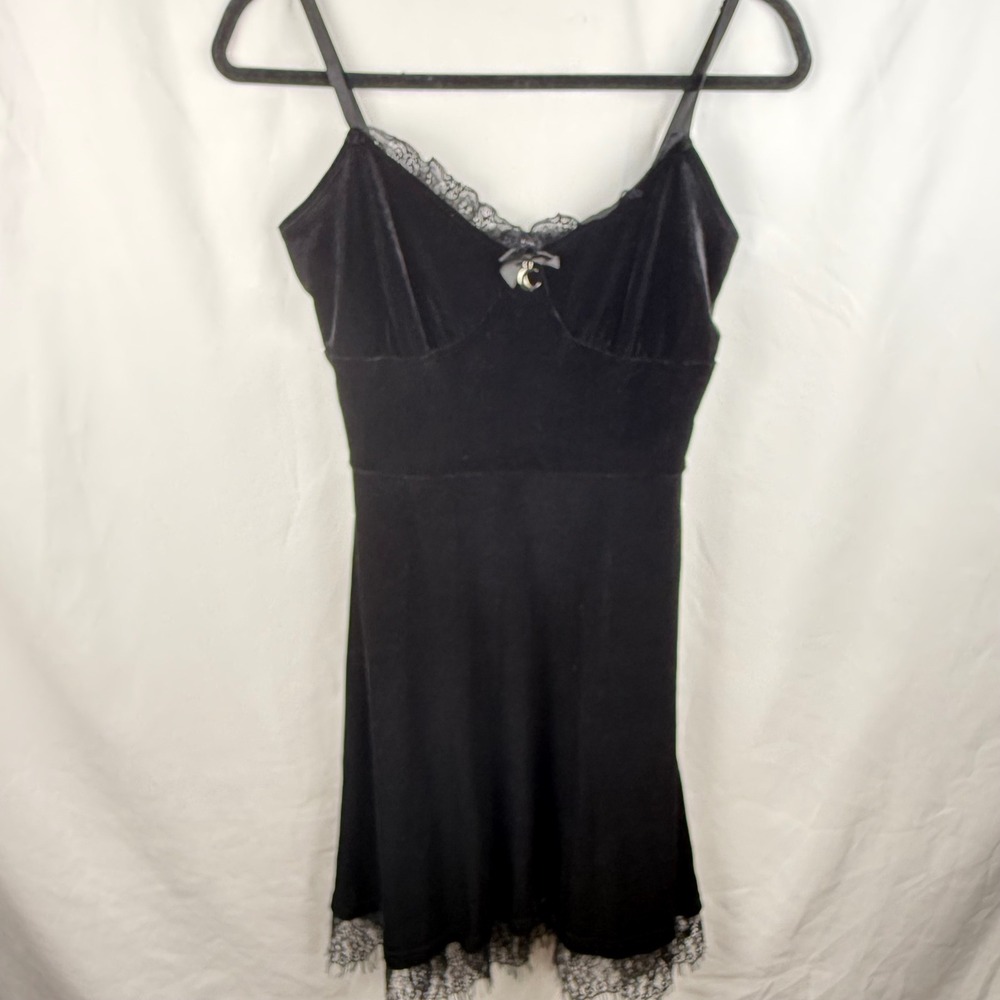 Crushed Gothic Velvet Babydoll Dress Small Lace Trim Slip Goth Whimsygoth Mini‎